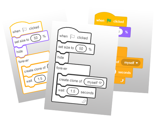 Images of Scratch scripts (blocks) in Black & White, Colored outline and Full Color